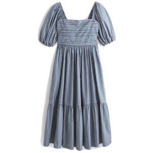 Abercrombie & Fitch The A&F Emerson Poplin Puff Sleeve Midi Dress Blue Stripe